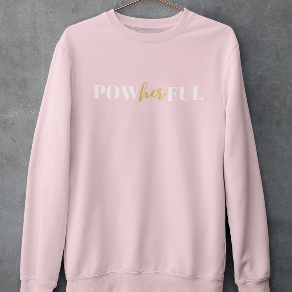 Powherful Light Pink Long Sleeve Crewneck Unisex Sweatshirt - Picture 1 of 2